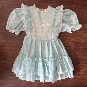 Vintage Bryan Light Blue Ruffled Floral Dress with Lace Trim
